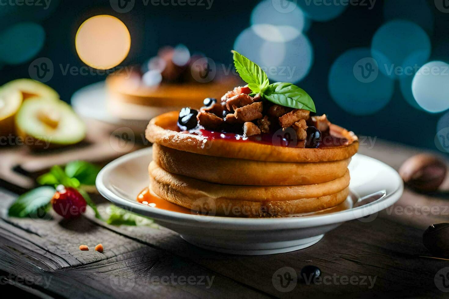 un' pila di Pancakes con frutti di bosco e menta le foglie. ai-generato foto