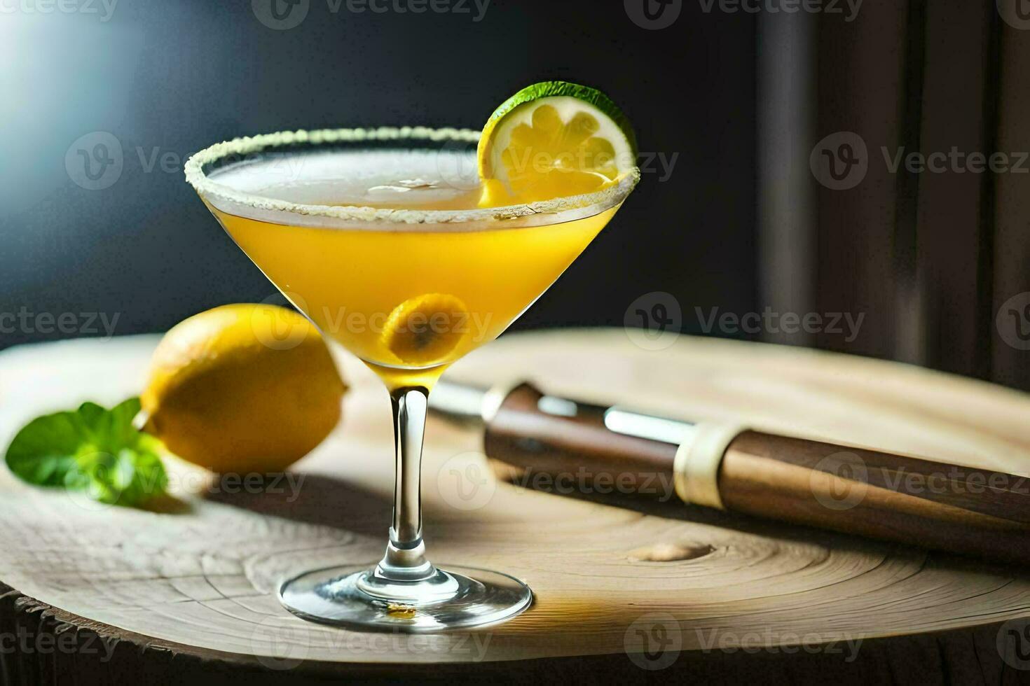un' cocktail con un' Limone e un' lime su un' di legno tavolo. ai-generato foto
