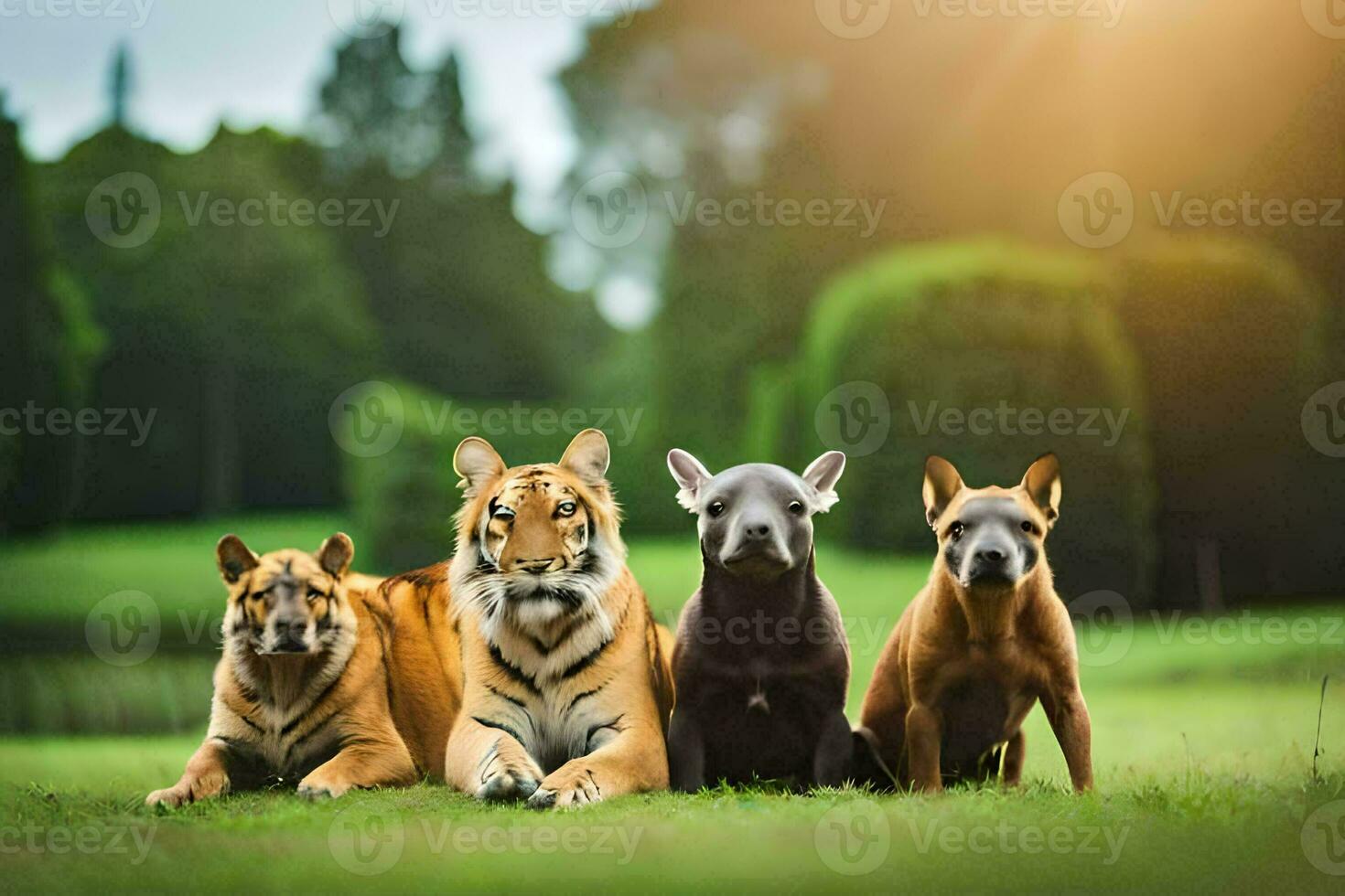 quattro tigri e un' cane seduta su il erba. ai-generato foto