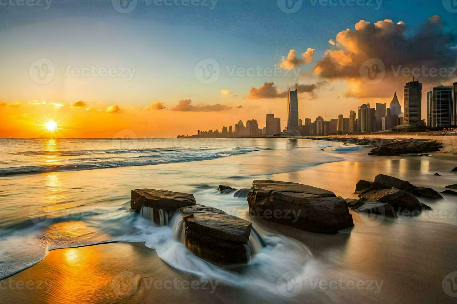 il sole sorge al di sopra di il città orizzonte nel dubai. ai-generato foto