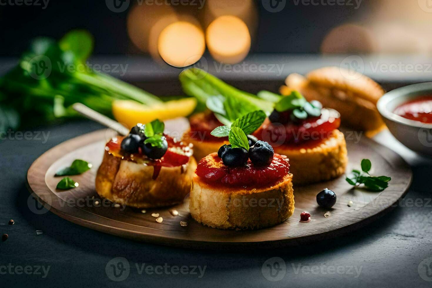 piccolo Antipasti su un' piatto con mirtilli e pomodori. ai-generato foto