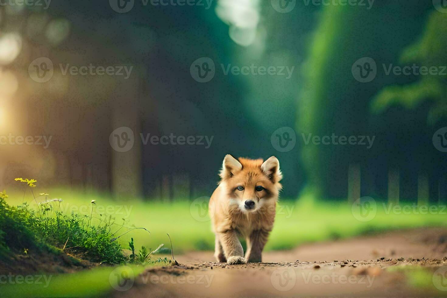 un' piccolo Volpe a piedi lungo un' sporco strada. ai-generato foto