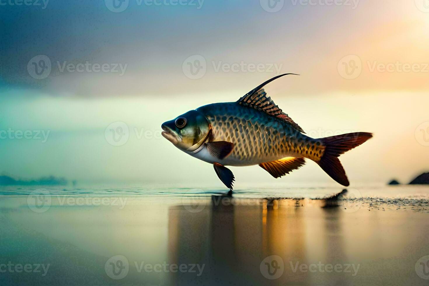 un' pesce è in piedi su il spiaggia a tramonto. ai-generato foto