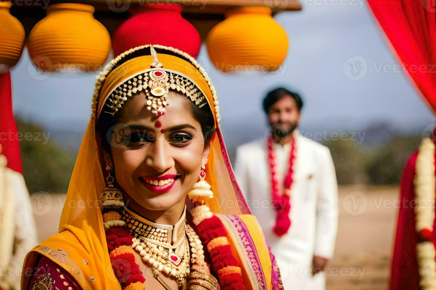 un' sorridente sposa nel tradizionale indiano abbigliamento. ai-generato foto