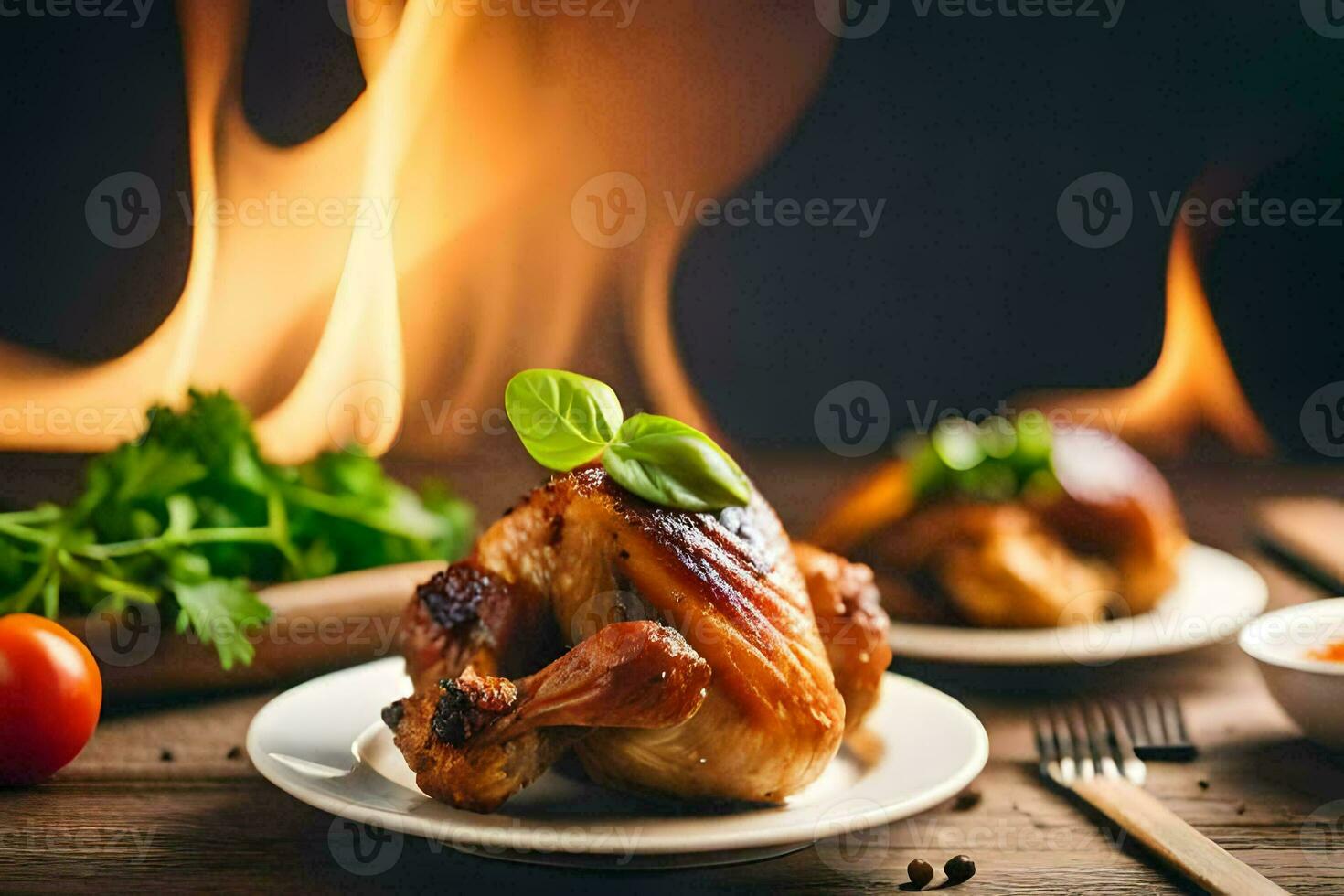 un' piatto di pollo con verdure e erbe aromatiche su un' tavolo. ai-generato foto