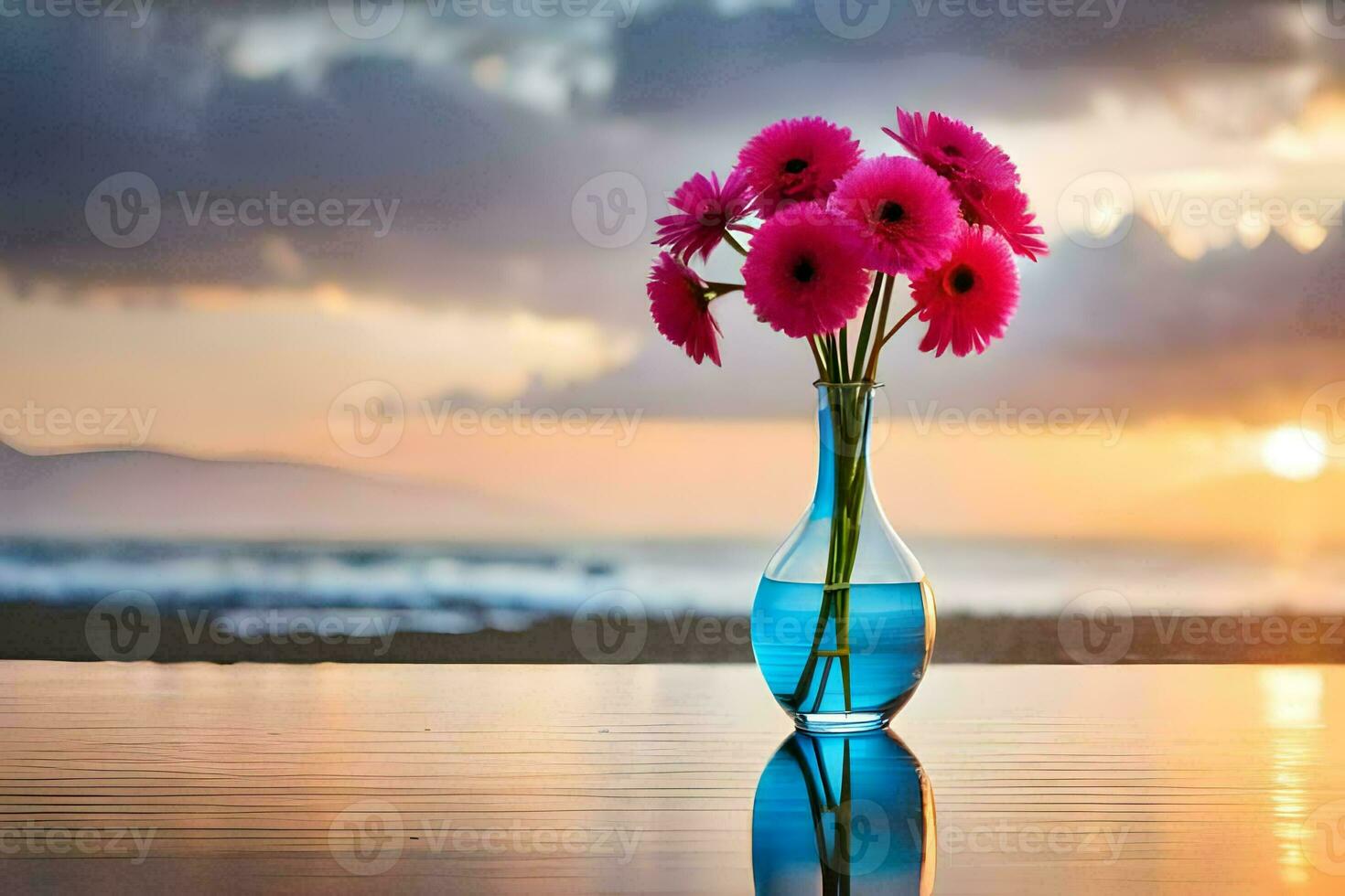 fiori nel un' vaso su il spiaggia. ai-generato foto