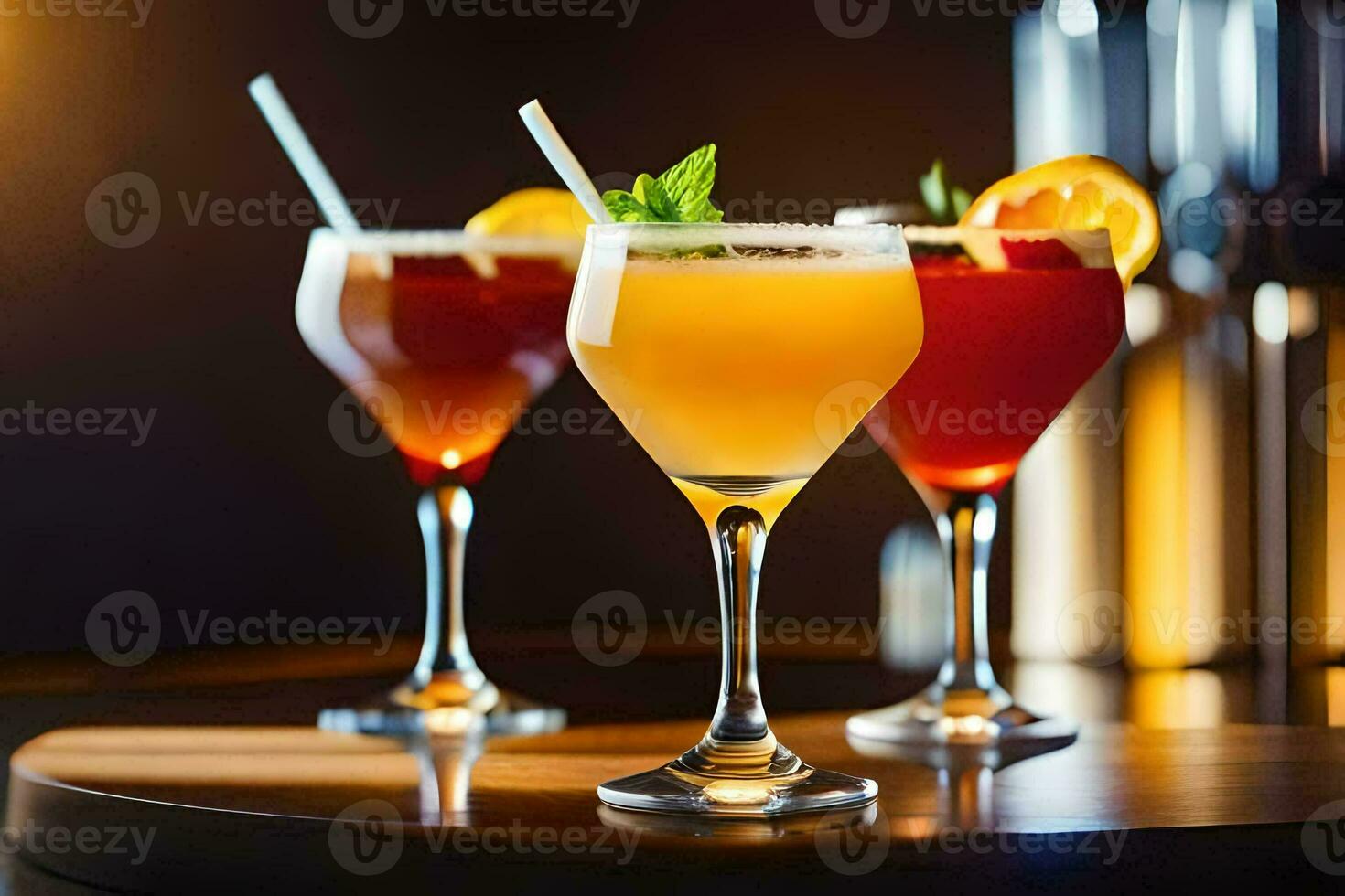 tre diverso cocktail nel bicchieri su un' tavolo. ai-generato foto