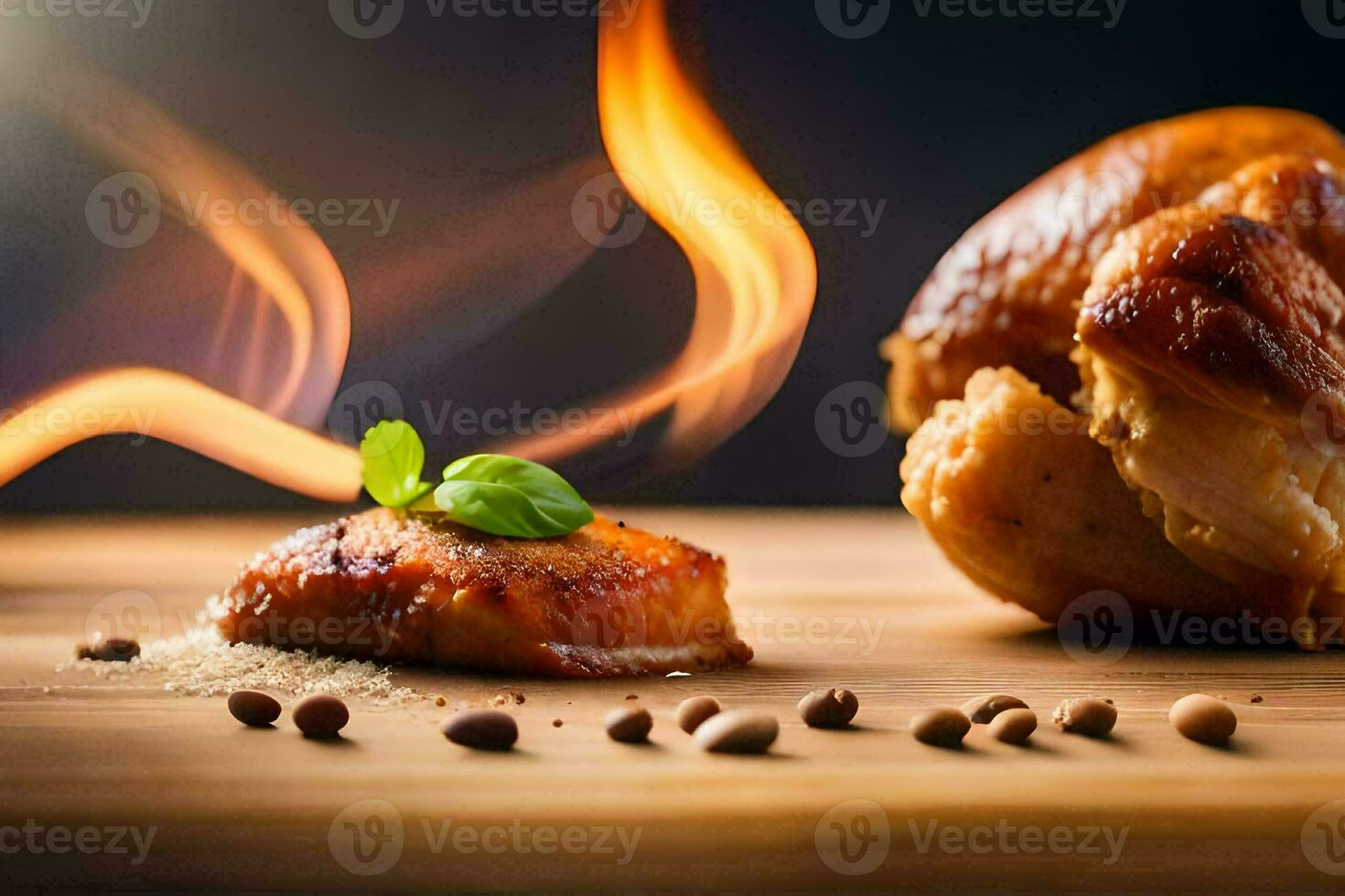 un' pezzo di pollo su un' di legno taglio tavola con un' fiamma. ai-generato foto