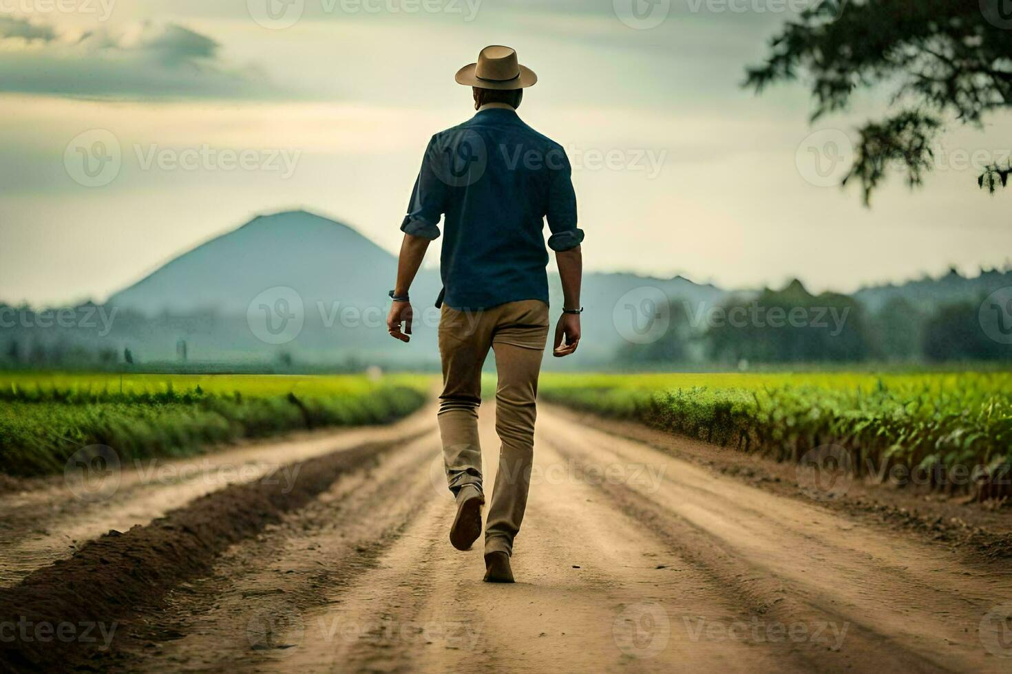 un' uomo a piedi giù un' sporco strada nel un' campo. ai-generato foto