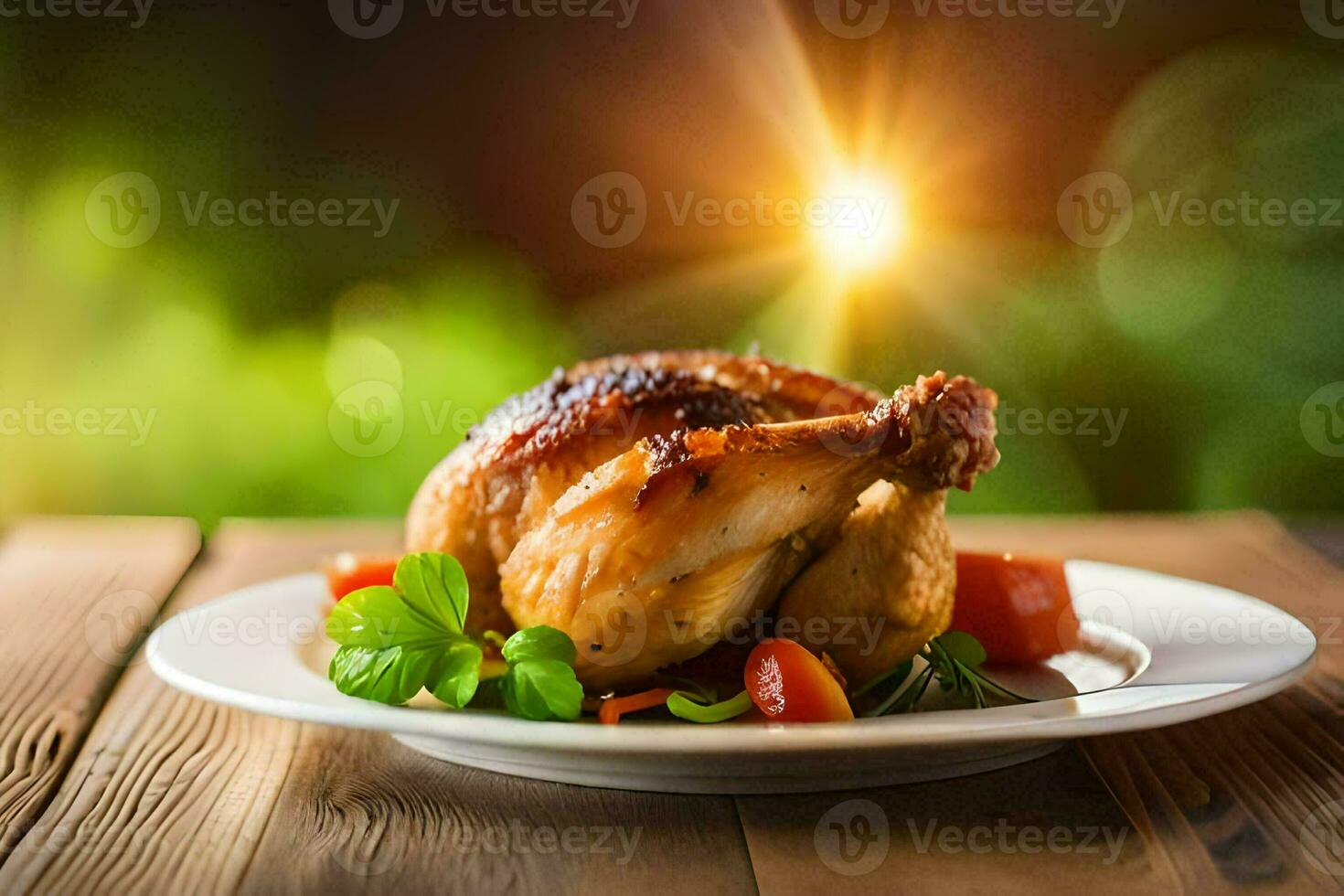 un' pollo su un' piatto con pomodori e erbe aromatiche. ai-generato foto