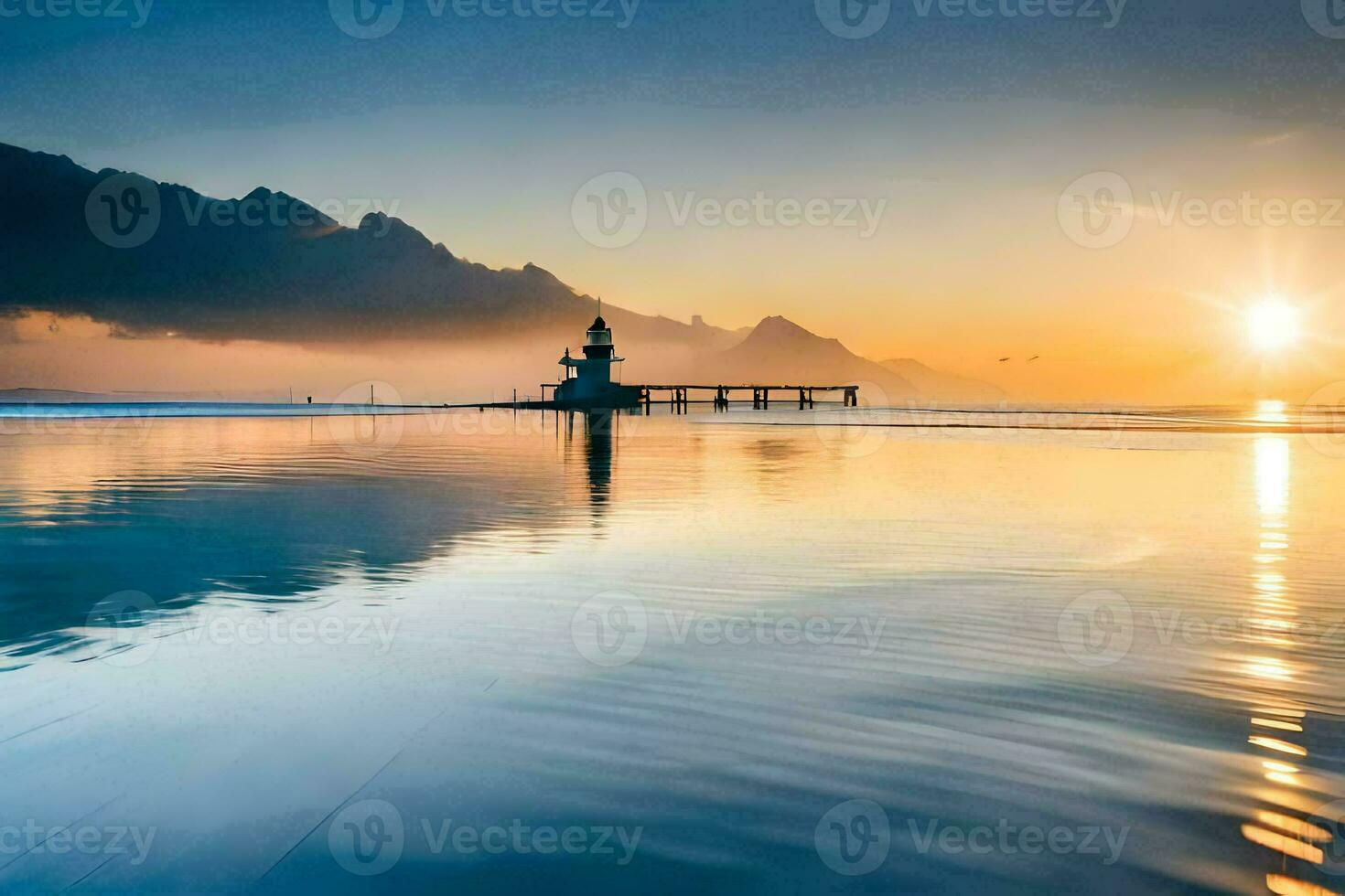 un' faro nel il mezzo di un' lago a tramonto. ai-generato foto