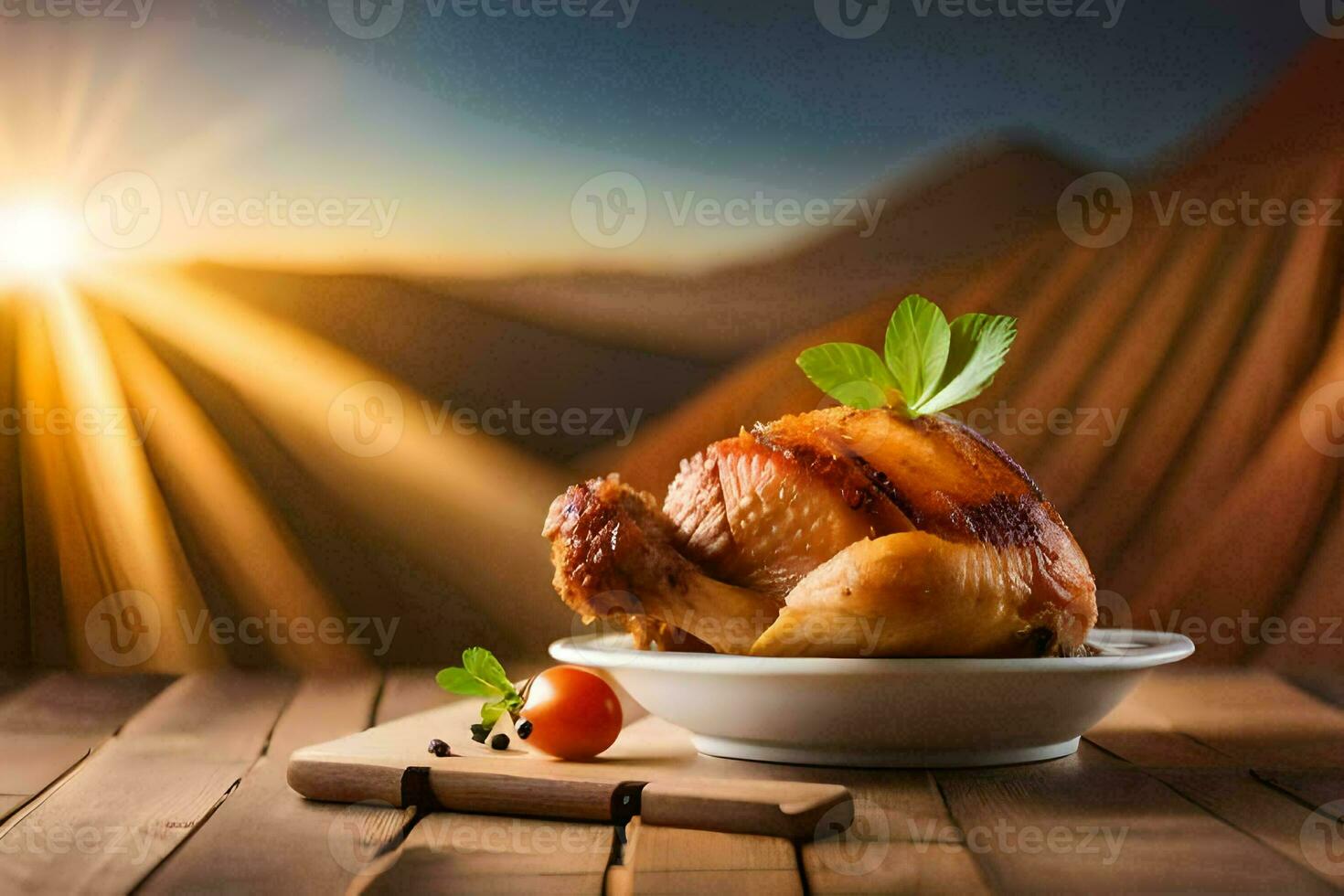 arrostito pollo su un' piatto con un' di legno sfondo. ai-generato foto