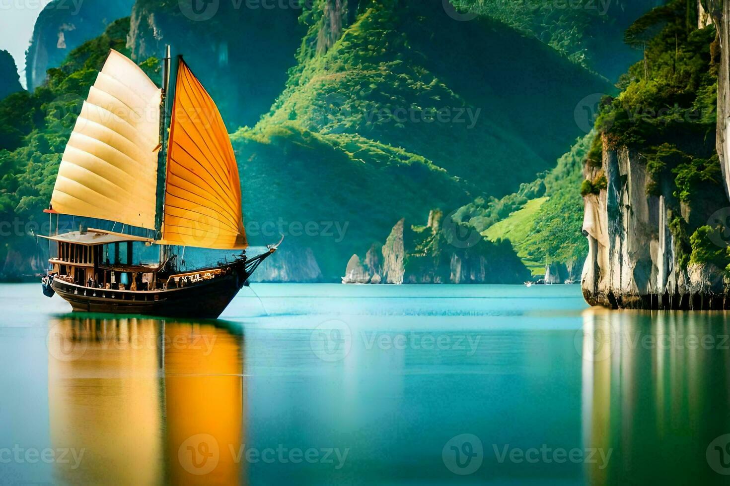 un' barca con un' giallo vela nel il acqua. ai-generato foto