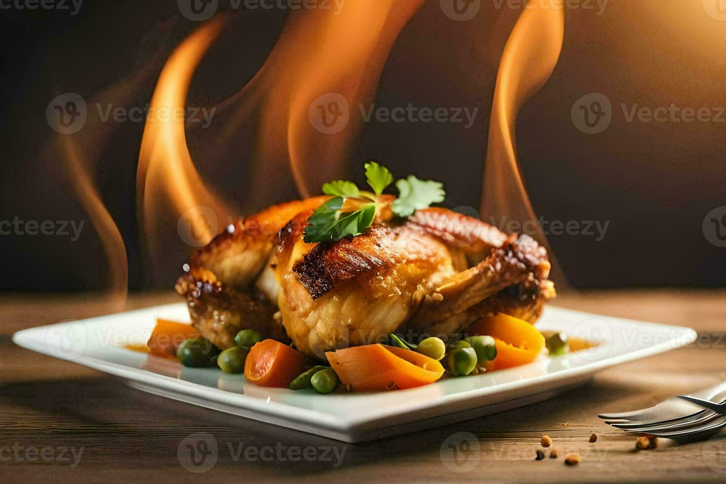 un' pollo è su un' piatto con verdure e fuoco. ai-generato foto