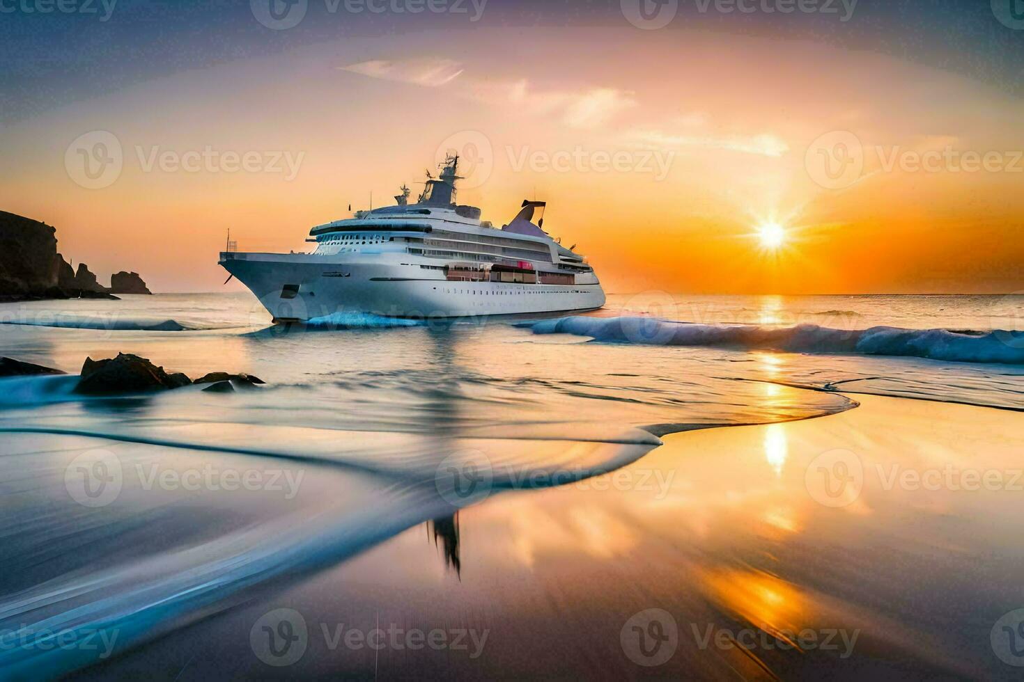 un' crociera nave nel il oceano a tramonto. ai-generato foto