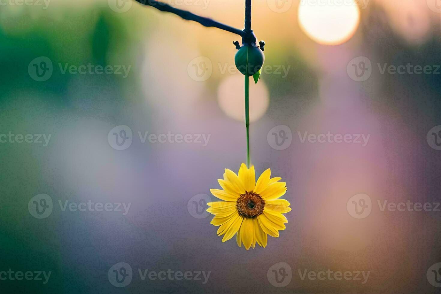 un' giallo fiore sospeso a partire dal un' filo. ai-generato foto