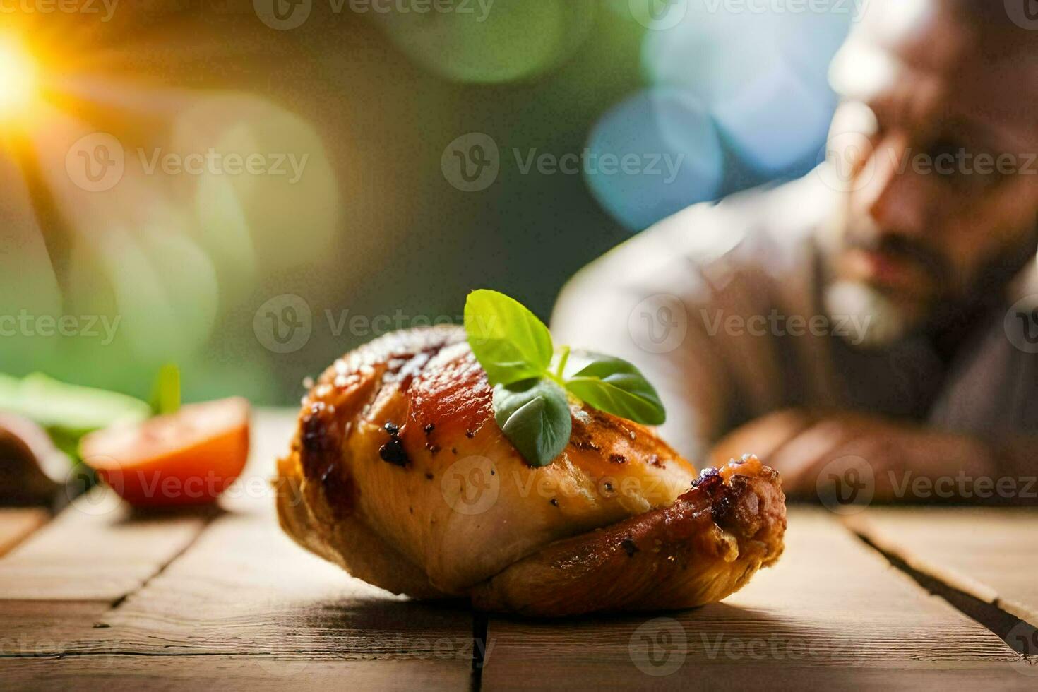 un' uomo è guardare a un' pollo su un' tavolo. ai-generato foto