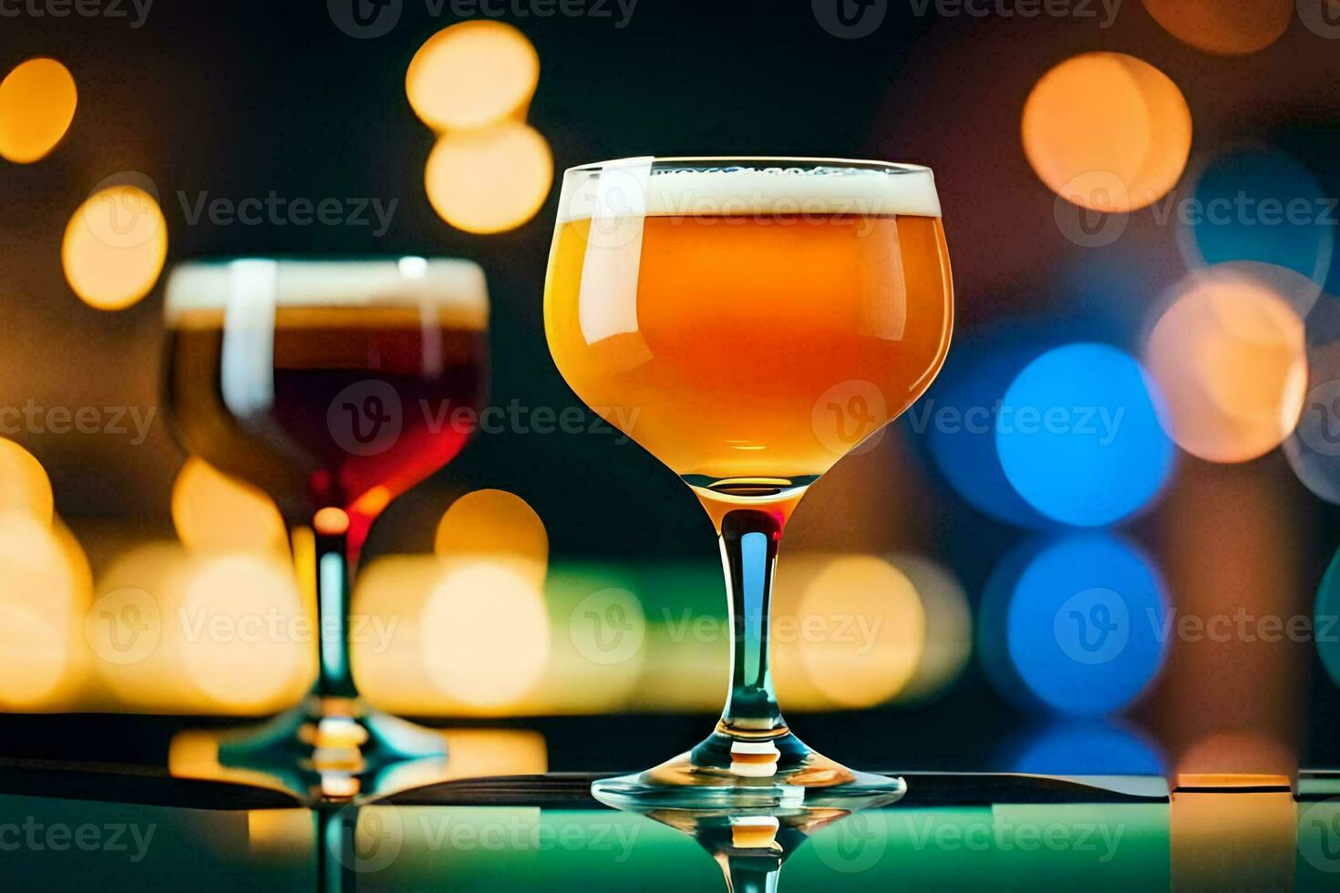 Due bicchieri di birra su un' tavolo con un' sfocato sfondo. ai-generato foto