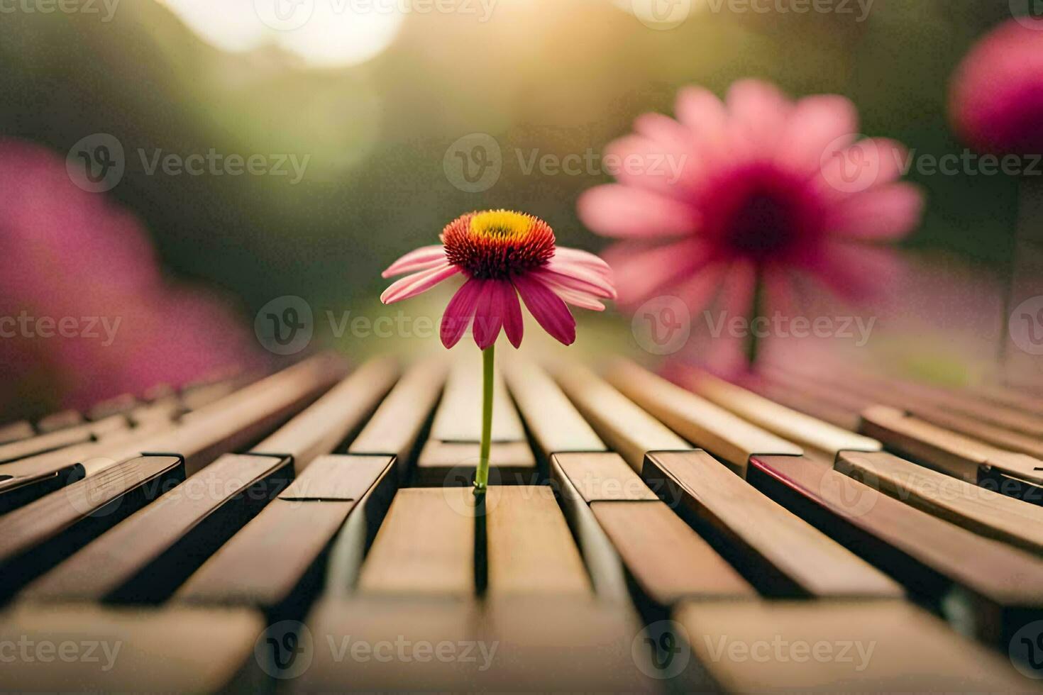un' fiore si siede su superiore di un' di legno panca. ai-generato foto
