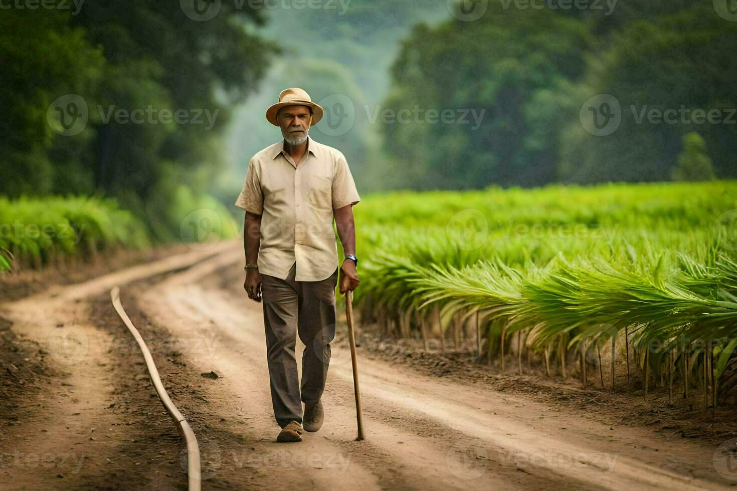 un vecchio uomo a piedi giù un' sporco strada nel il mezzo di un' campo. ai-generato foto