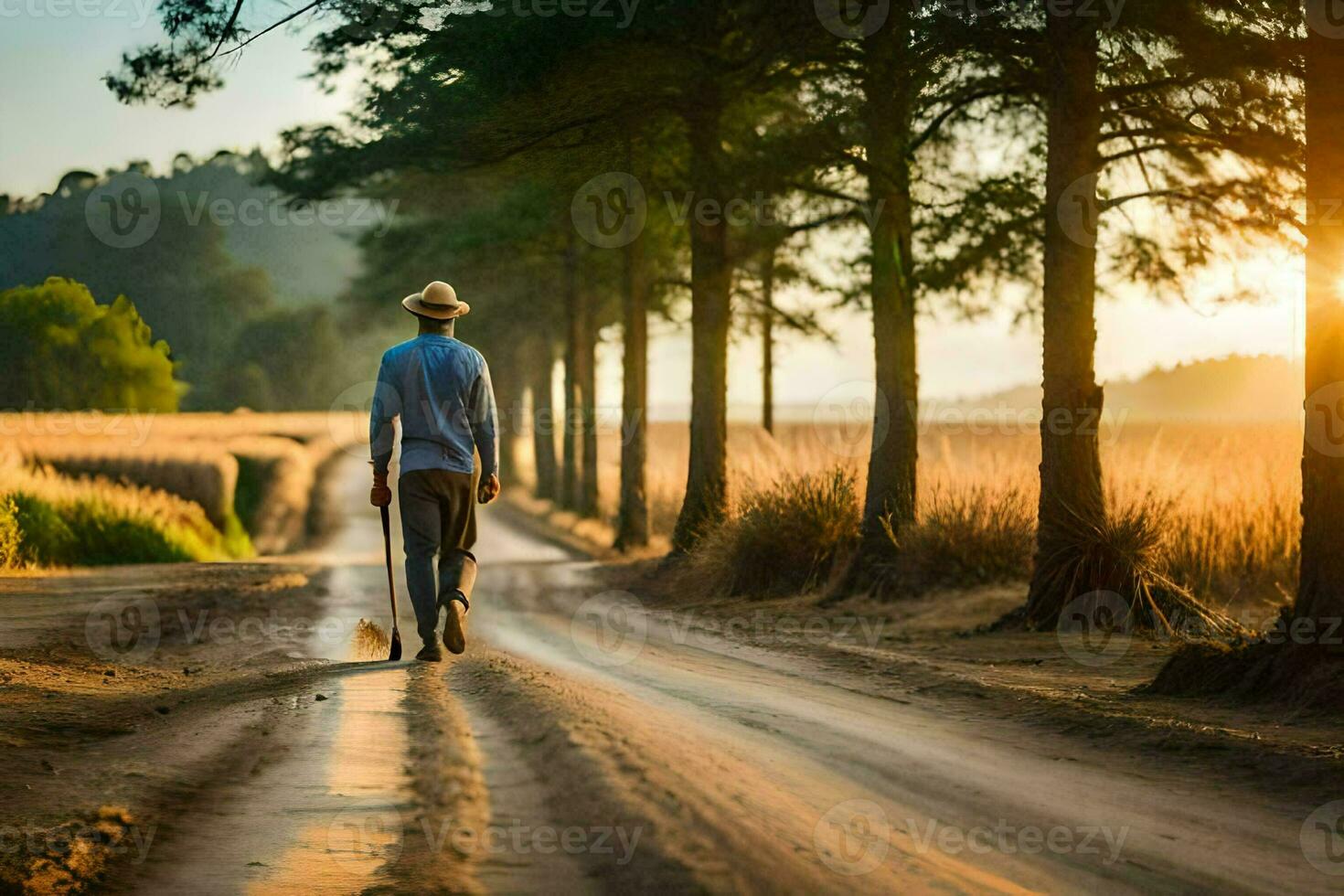 un' uomo a piedi giù un' sporco strada con un' cappello e canna. ai-generato foto