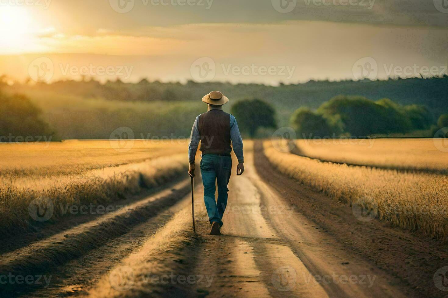 un' uomo a piedi giù un' sporco strada a tramonto. ai-generato foto