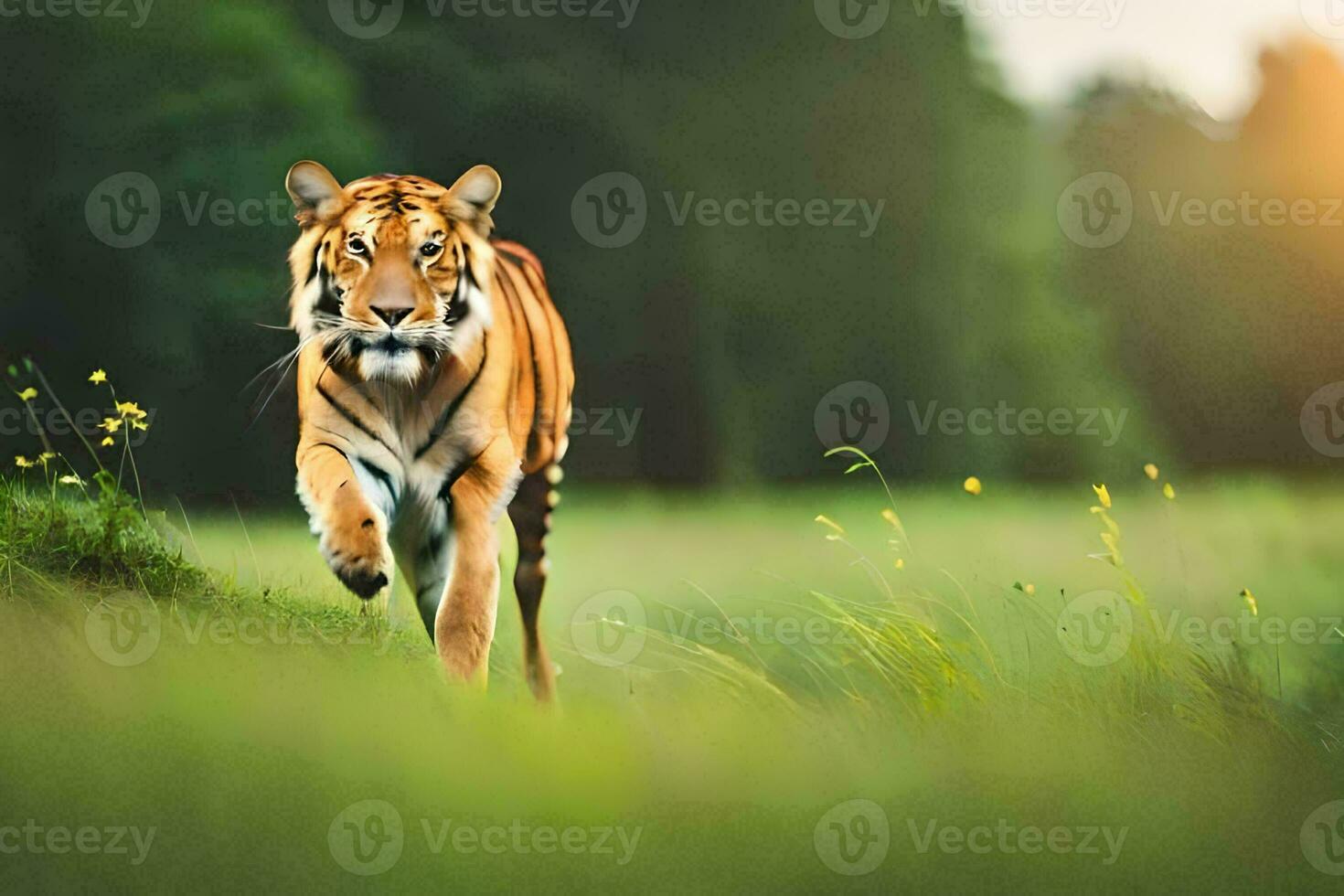 un' tigre a piedi attraverso un' erboso campo. ai-generato foto