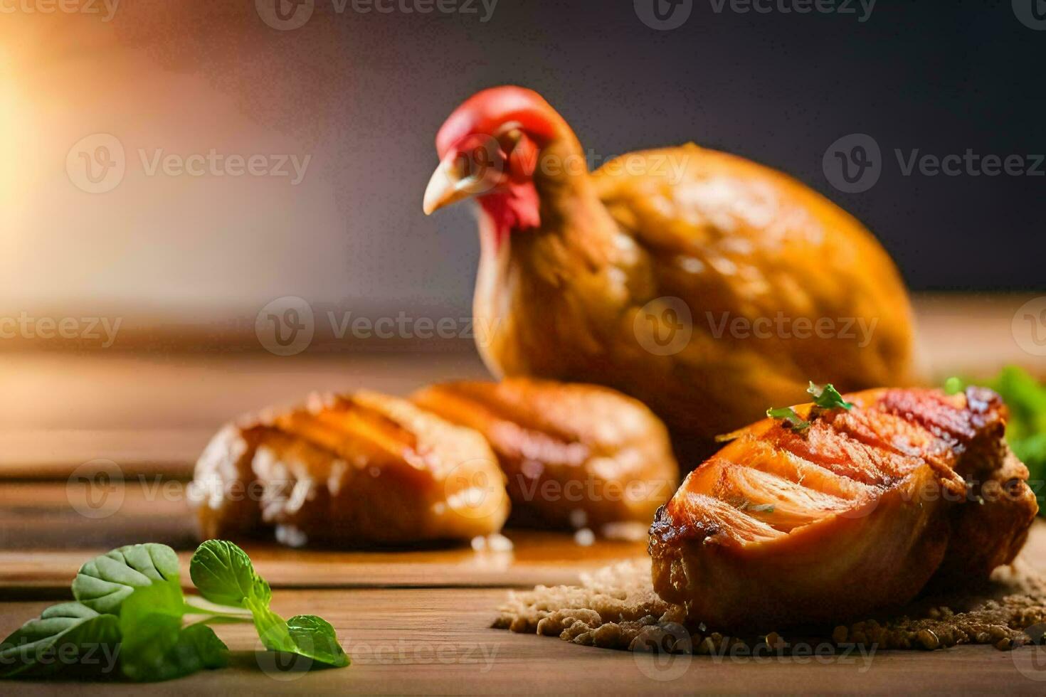 pollo e pesce su un' di legno tavolo. ai-generato foto