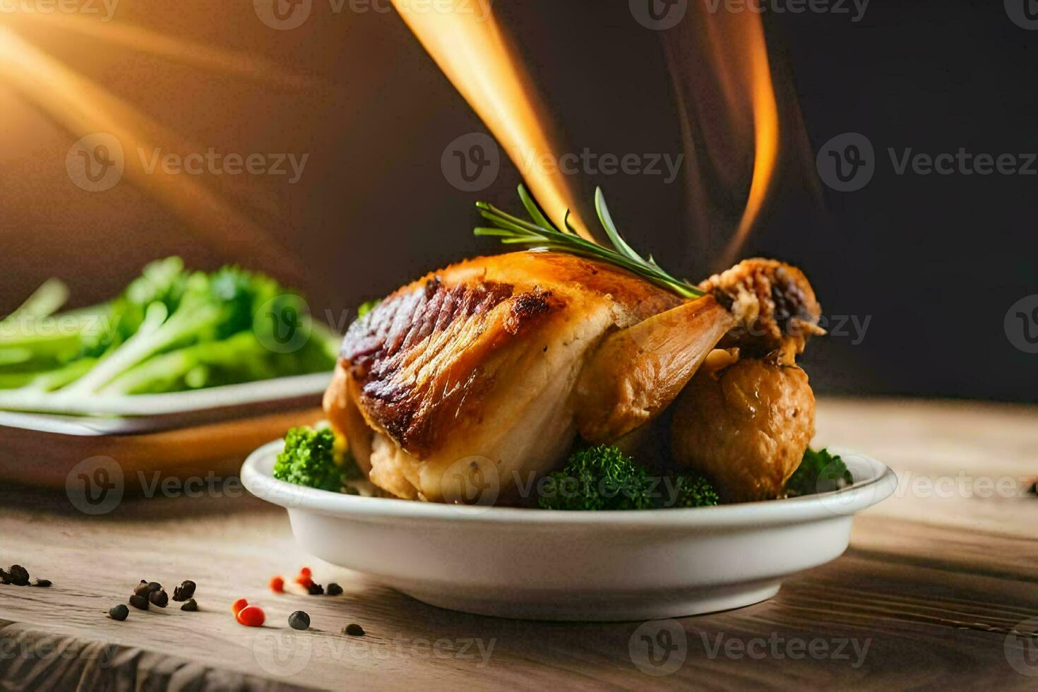un' pollo è su un' piatto con broccoli e un' fiamma. ai-generato foto