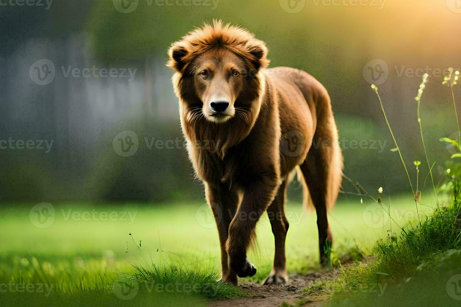 un' Leone a piedi su un' sentiero nel il erba. ai-generato foto