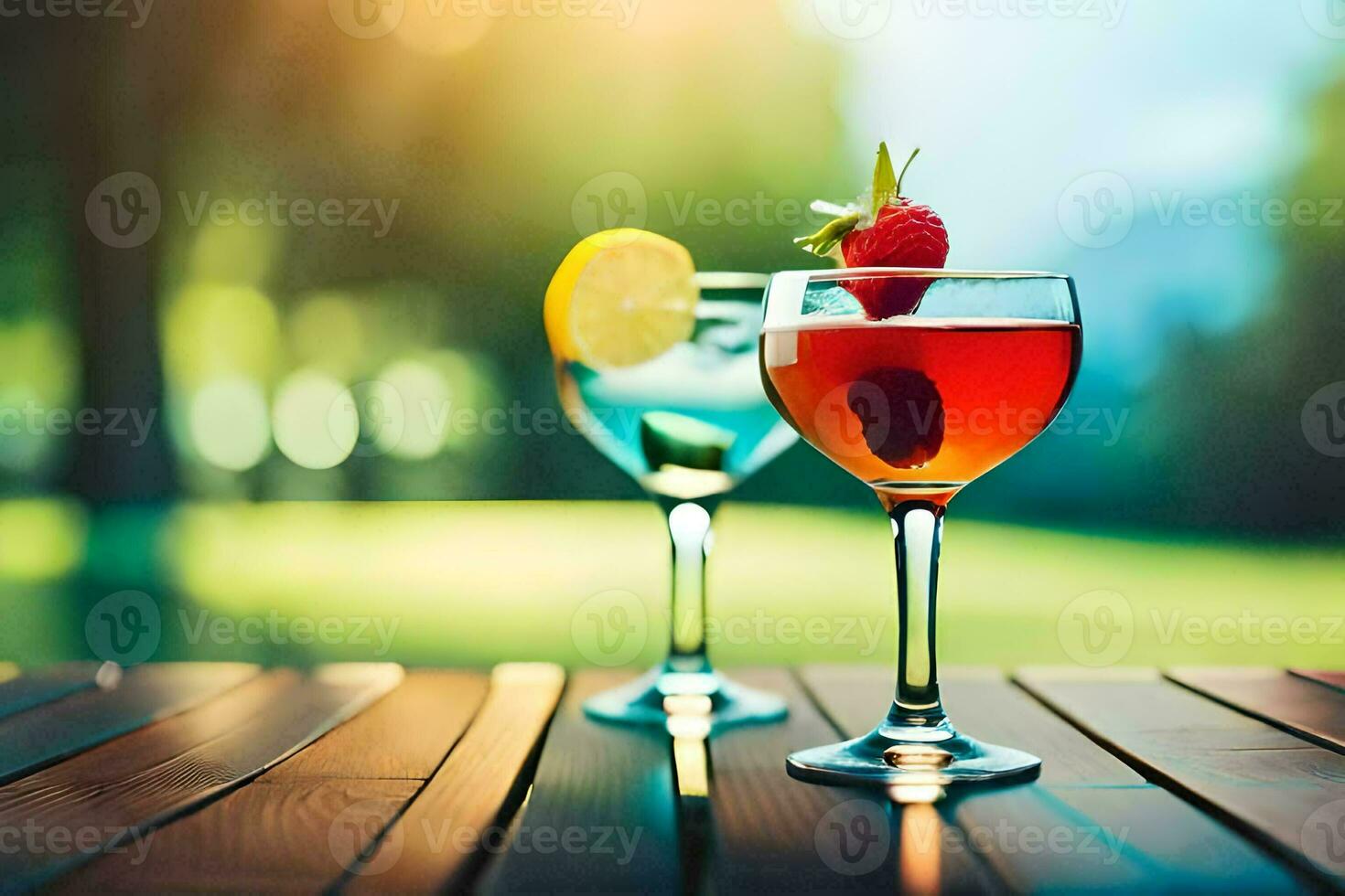 Due bicchieri di cocktail su un' di legno tavolo. ai-generato foto