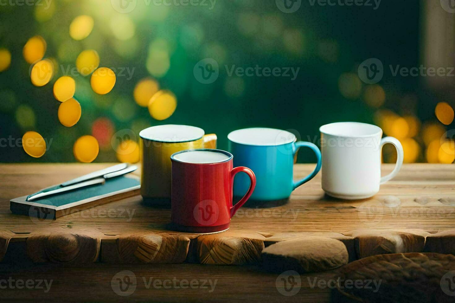 tre caffè tazze su un' di legno tavolo. ai-generato foto