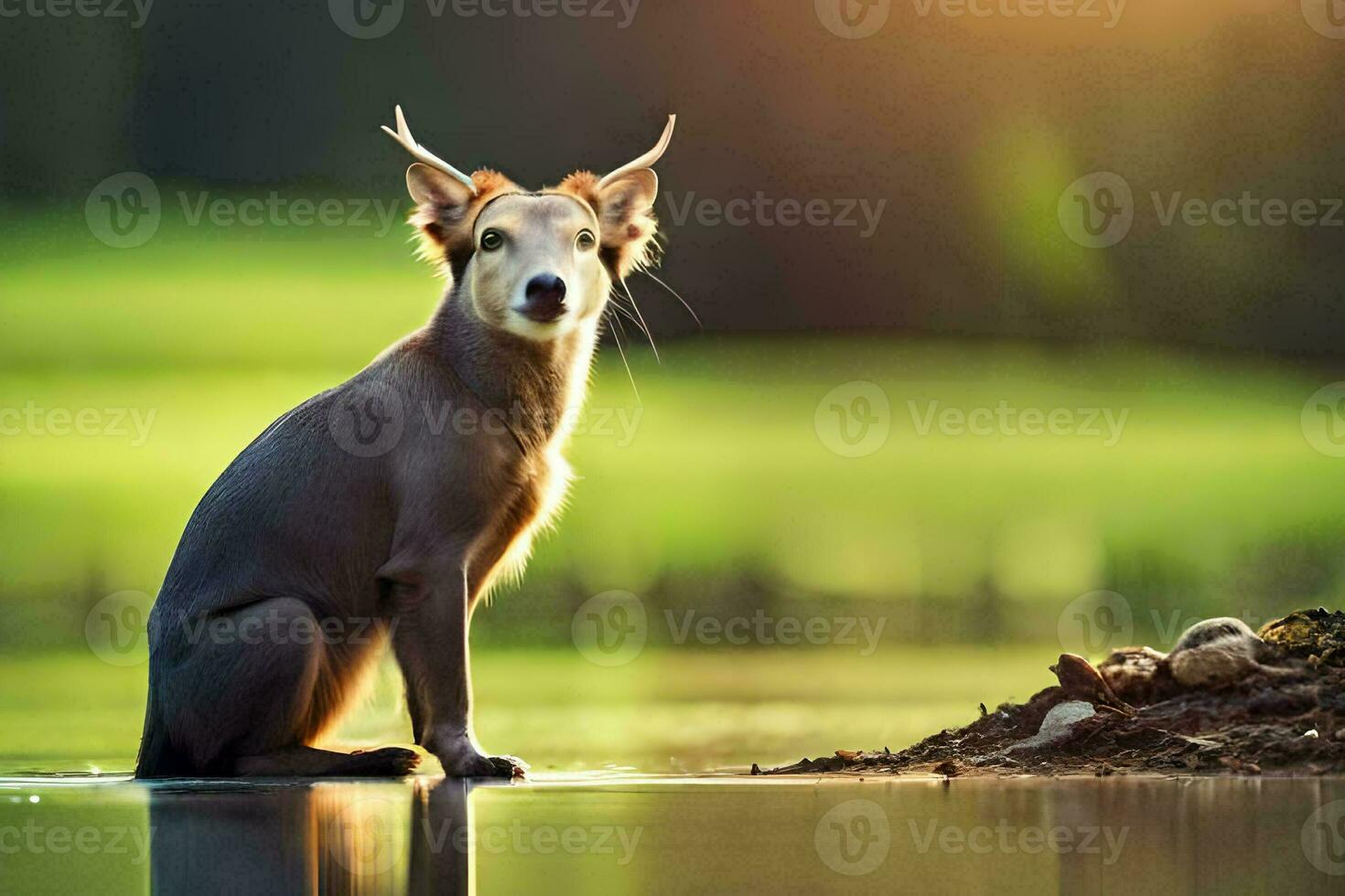 un' cane seduta su il bordo di un' lago. ai-generato foto