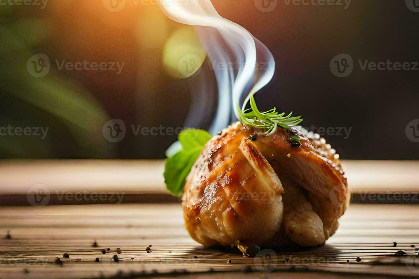 un' pollo è seduta su un' di legno tavolo con Fumo In arrivo su di esso. ai-generato foto