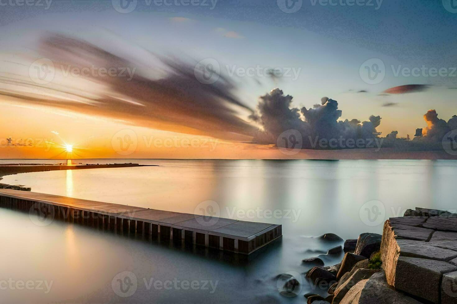 un' lungo esposizione fotografia di un' bacino e un' tramonto. ai-generato foto