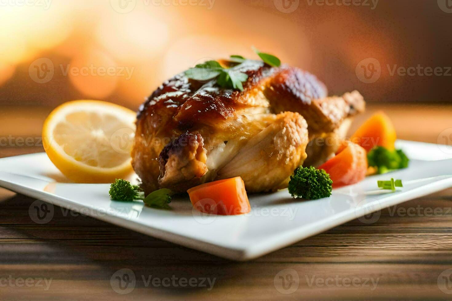 un' pollo con verdure e Limone su un' bianca piatto. ai-generato foto