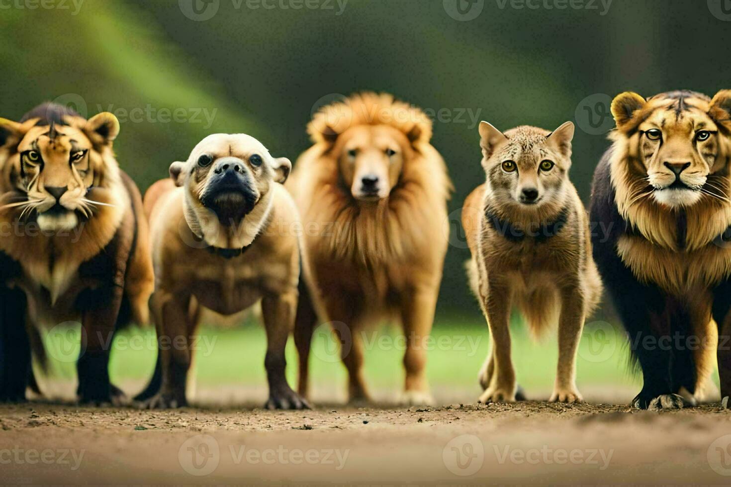 un' gruppo di leoni, tigri, e cani in piedi insieme. ai-generato foto
