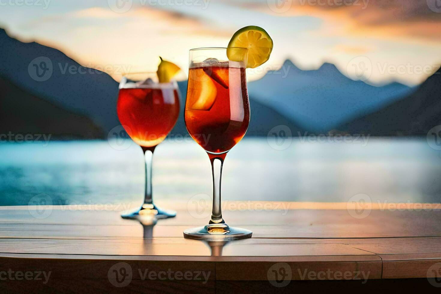 Due bicchieri di vino con un' tramonto nel il sfondo. ai-generato foto