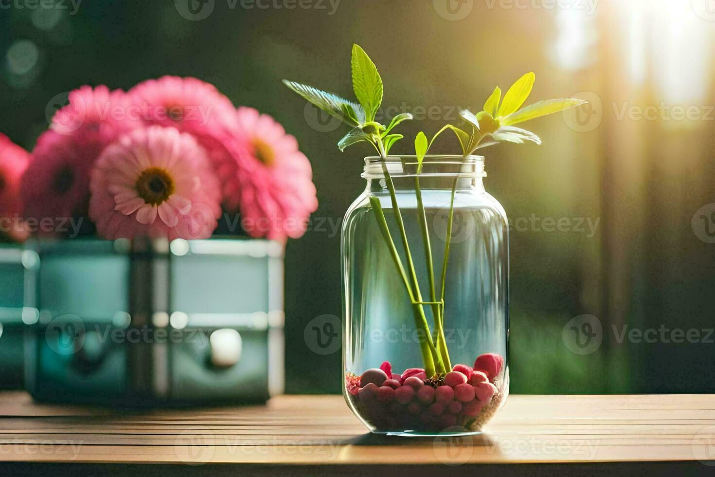 un' vaso con rosa fiori e frutti di bosco su un' tavolo. ai-generato foto