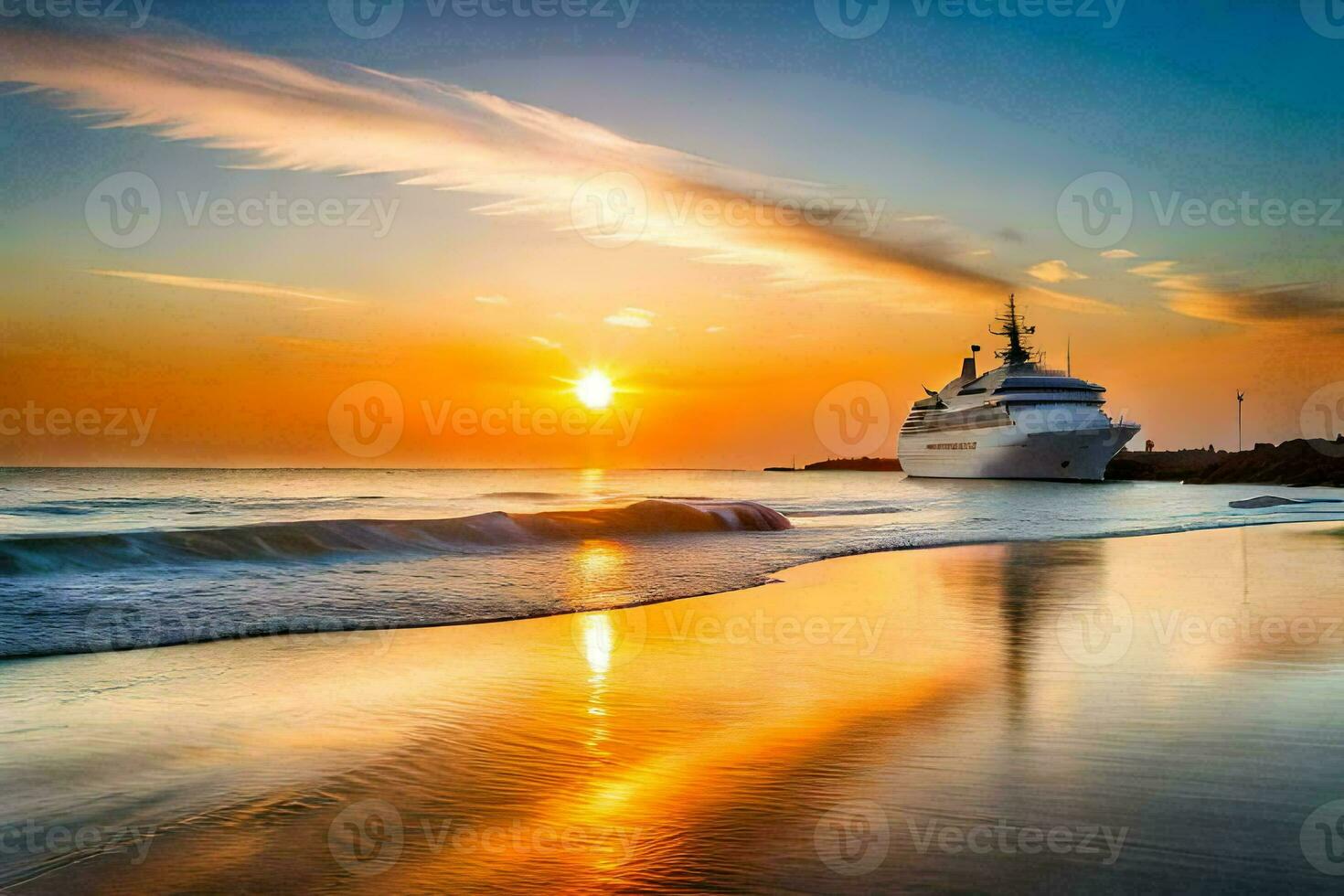 un' crociera nave su il spiaggia a tramonto. ai-generato foto