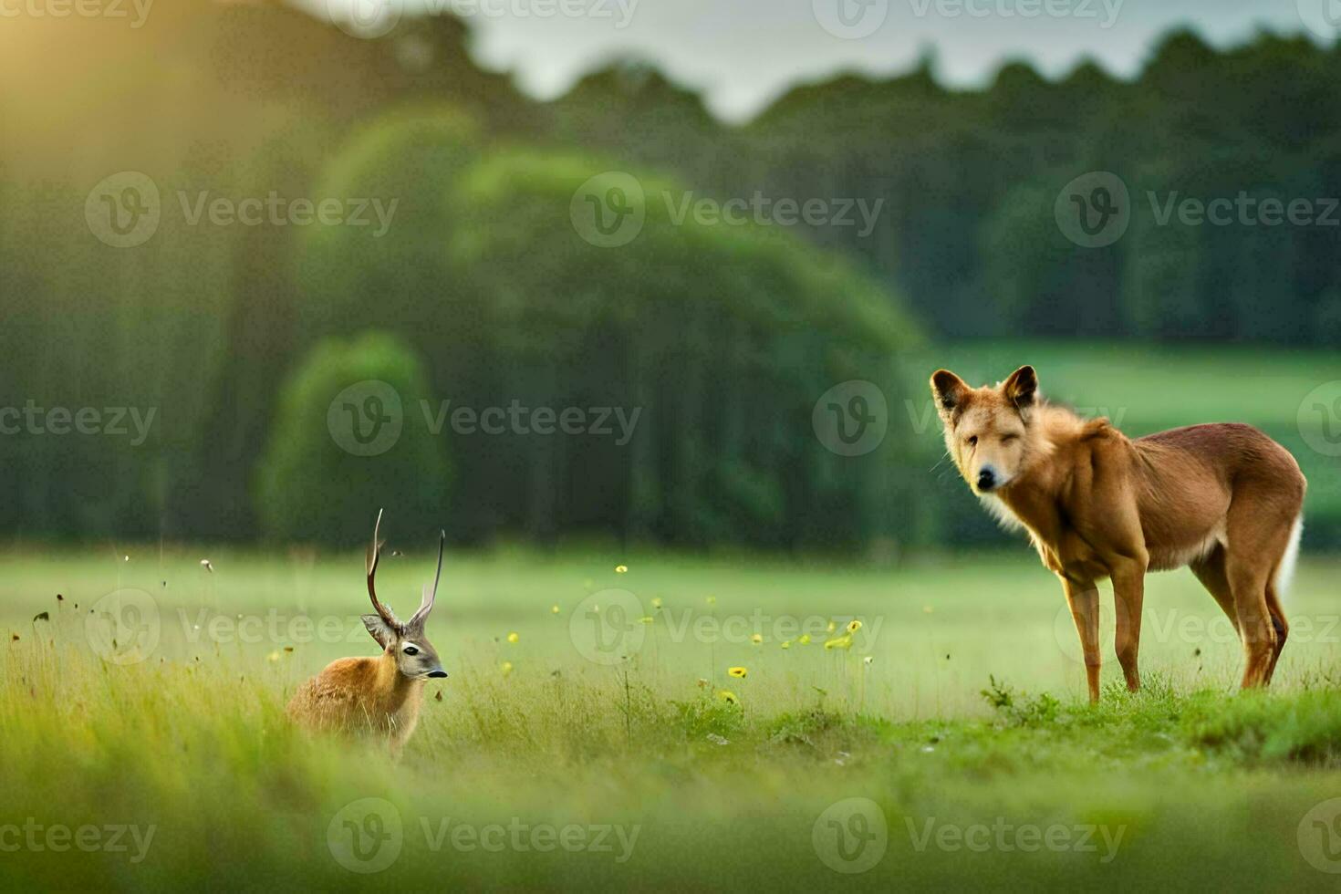 un' cervo e un' cervo in piedi nel un' campo. ai-generato foto