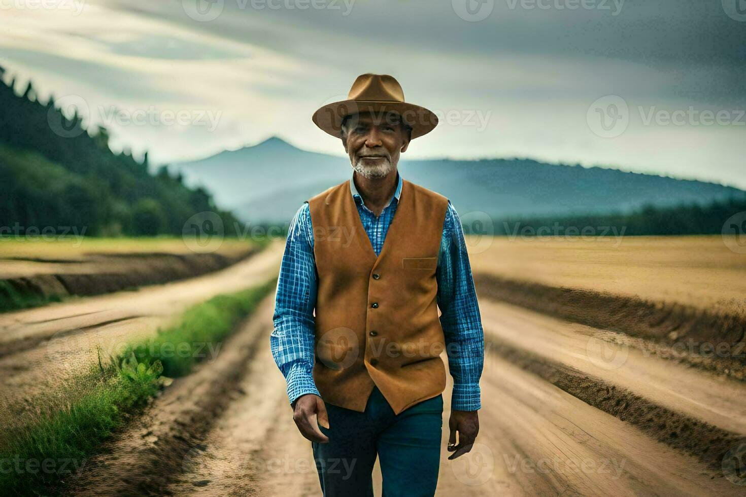 un più vecchio uomo indossare un' cappello e veste a piedi giù un' sporco strada. ai-generato foto