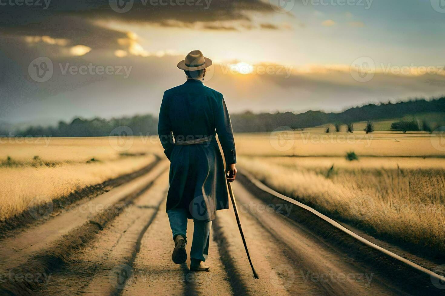 un' uomo nel un' cappello e cappotto a piedi giù un' sporco strada. ai-generato foto