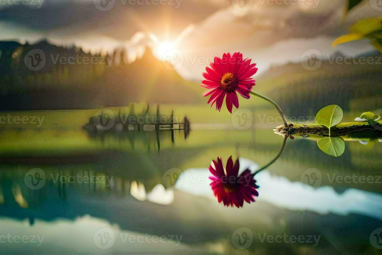un' fiore è riflessa nel un' lago con montagne nel il sfondo. ai-generato foto