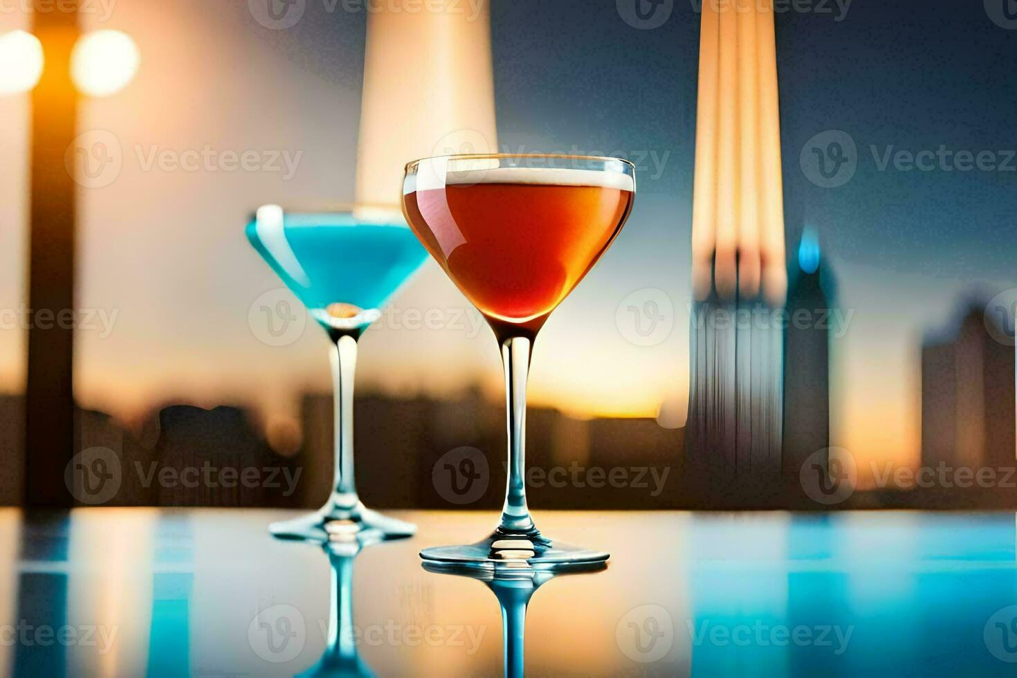 Due bicchieri di cocktail su un' tavolo nel davanti di un' città orizzonte. ai-generato foto