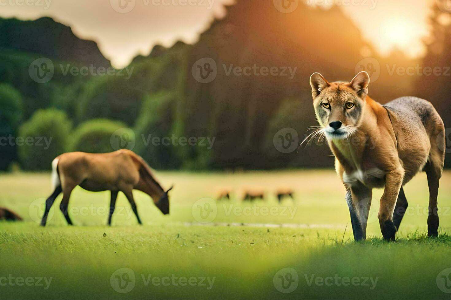 un' Leone e un' mucca camminare nel un' campo. ai-generato foto