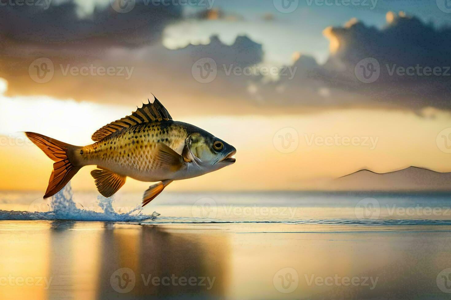 un' pesce salto su di il acqua a tramonto. ai-generato foto