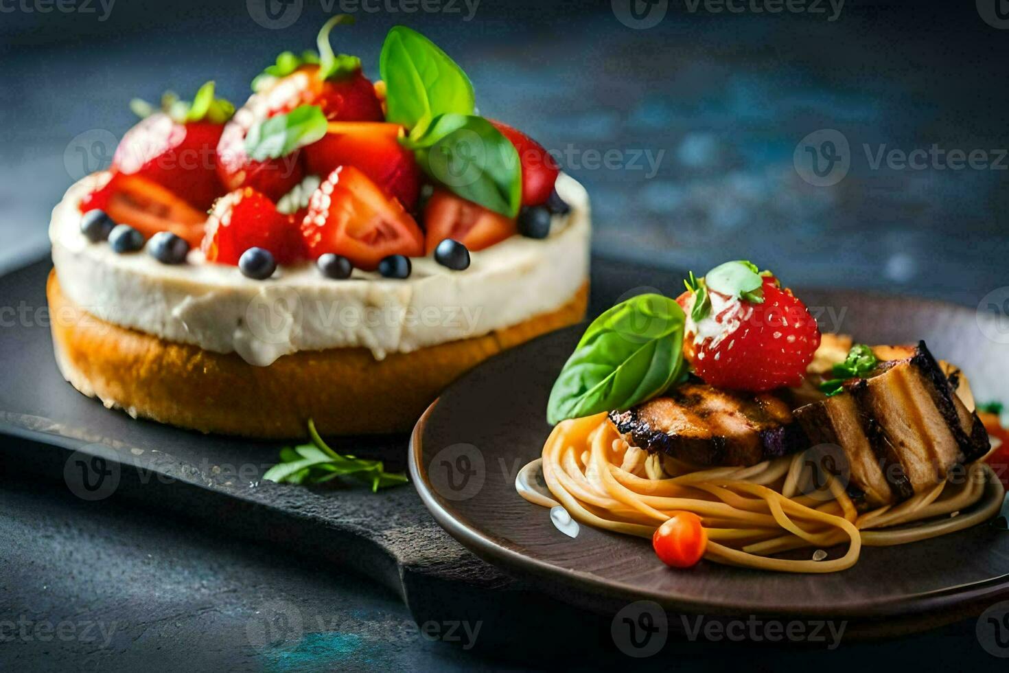 pasta con fragole e formaggio su un' piatto. ai-generato foto