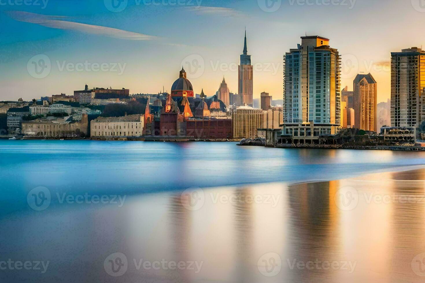 un' città orizzonte a tramonto con acqua e edifici. ai-generato foto