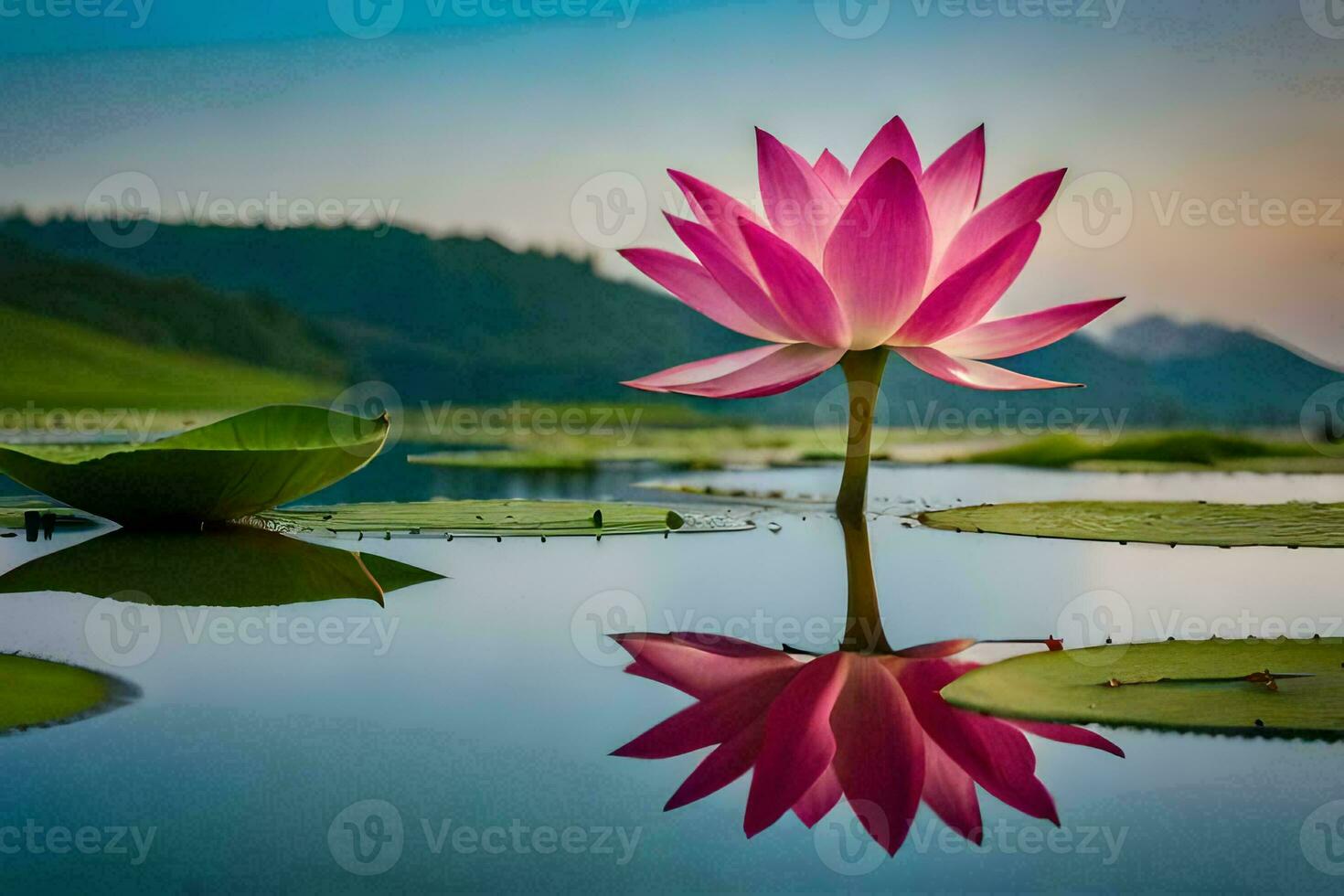 un' rosa loto fiore è riflessa nel il acqua. ai-generato foto